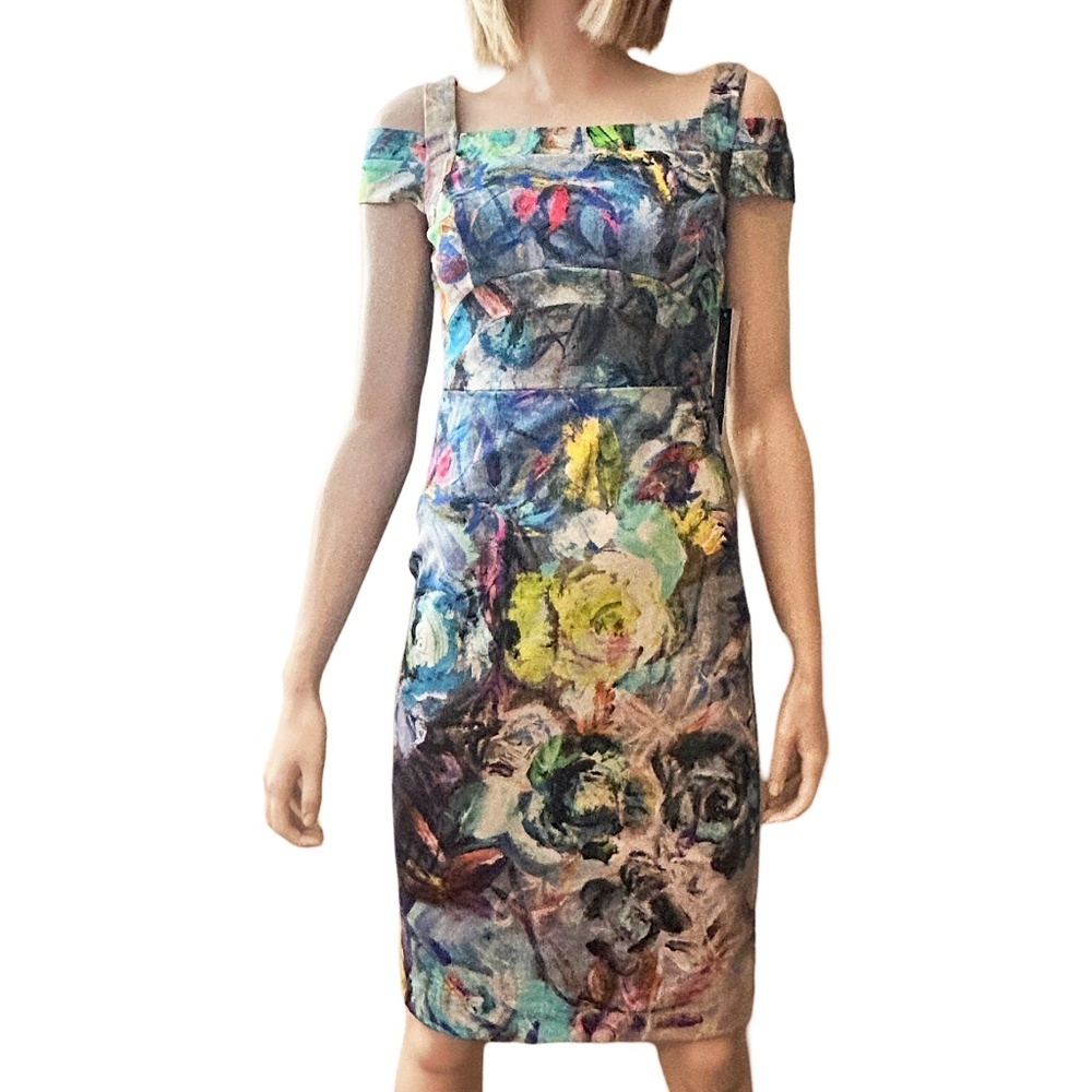 Nicole Miller New York Wiggle Sheath Dress Cold Shoulder Abstract Floral Multi